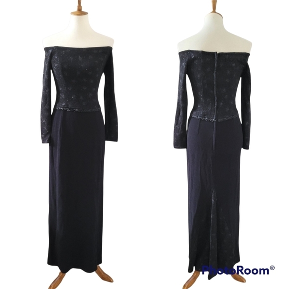 Scott McClintock Vintage Jersey Shimmer Bugle Bead Off the Shoulder Maxi Dress‎ - Picture 2 of 7